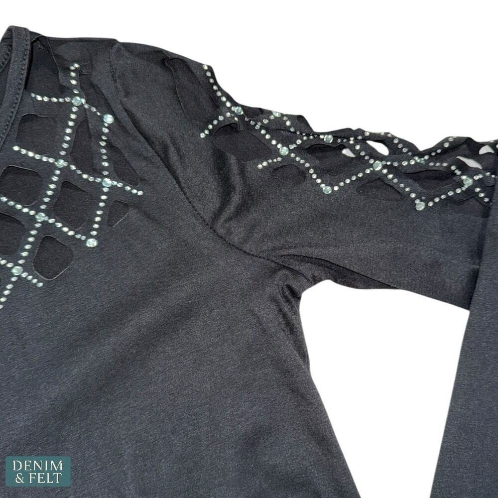 NEW Black Lattice Cutout Long Sleeve Top Edgy Chic Stretchy‎ Crisscross Small - Picture 9 of 13